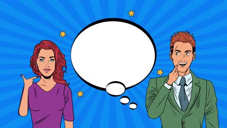 una pareja joven con una burbuja de habla, animación al estilo pop art.