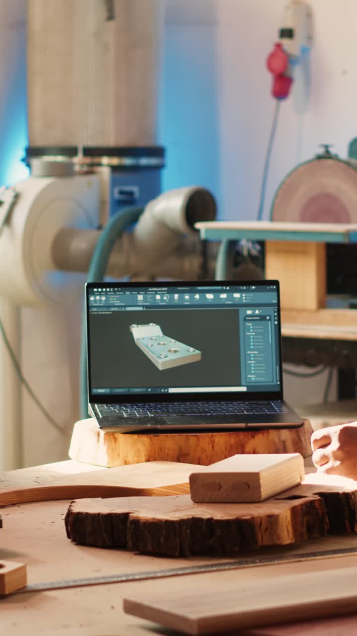 Falegnami che si stringono la mano sopra un laptop con un rendering in 3D in un laboratorio