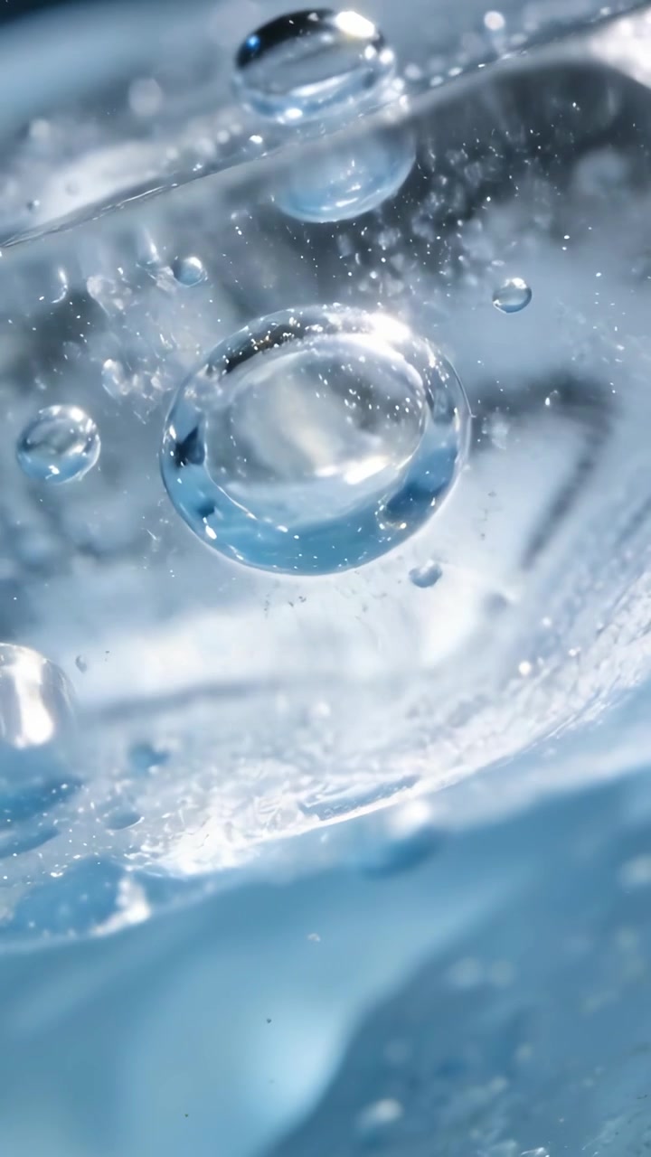 Video verticale: Grande bolla sferica che sale e galleggia nell'acqua, con la spinta di galleggiamento che trascina piccole bollicine.