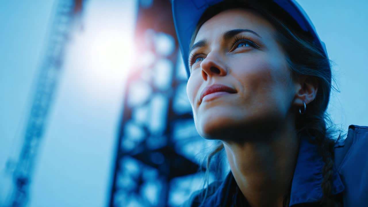 A determined woman gazes upward while on a construction site, her eyes reflecting ambition and focus, surrounded by towering machinery and the twilight sky, symbolizing progress and resilience in industry