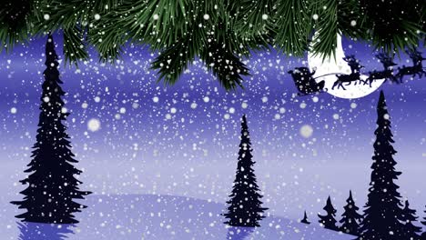 Animation-of-santa-claus-in-sleigh-with-reindeer-over-winter-landscape-and-moon