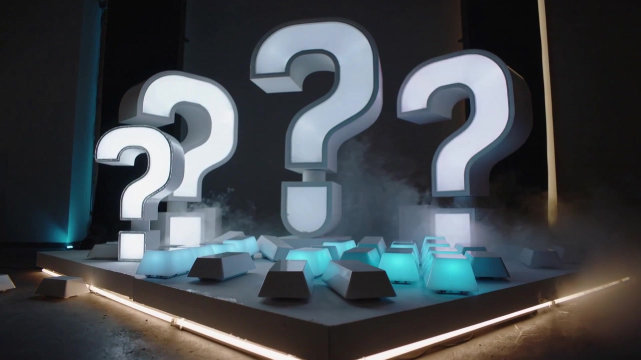 Illuminando tre sculture a forma di punto interrogativo che pulsano colore su una piattaforma da studio, con nebbia e blocchi ciano.