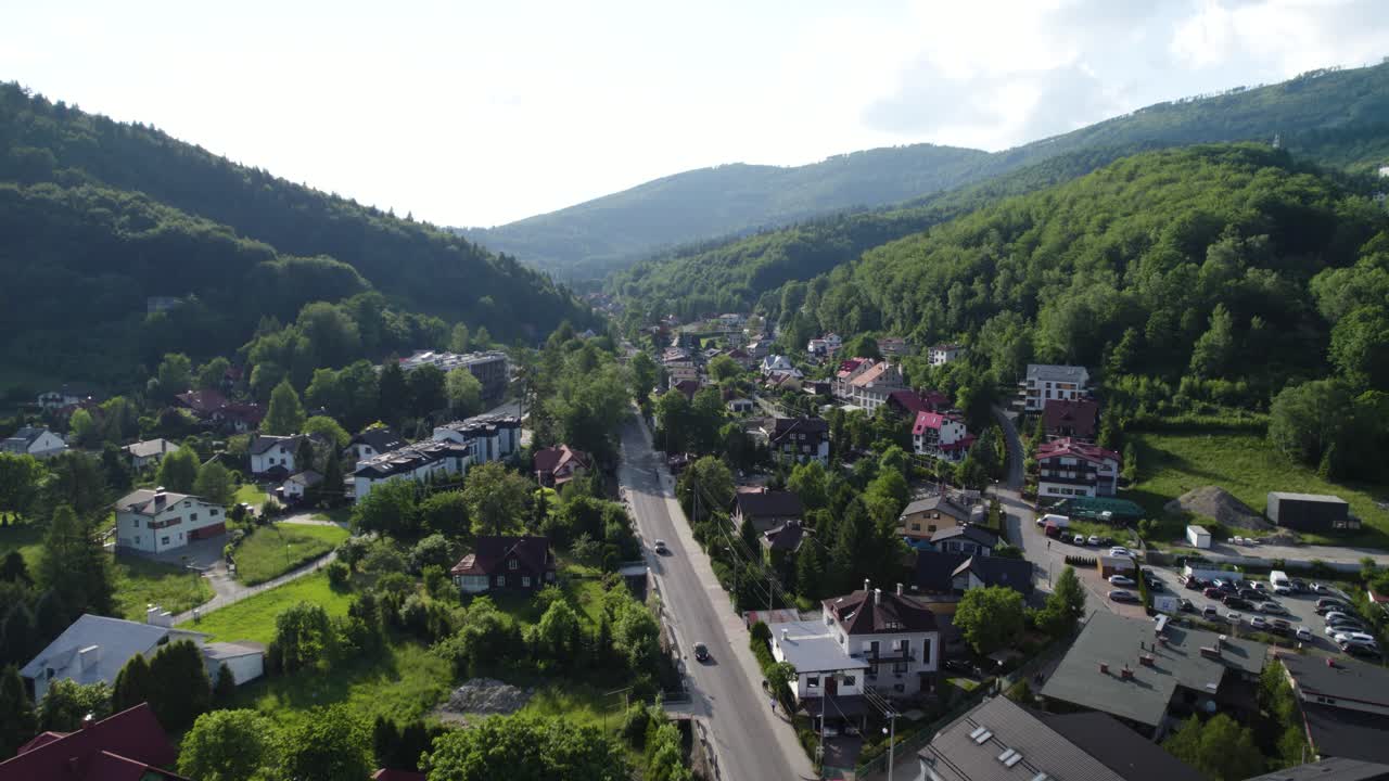 Aerial View of Road in Stunning Mountains Landscape, Drone Shot of "Szczyrk