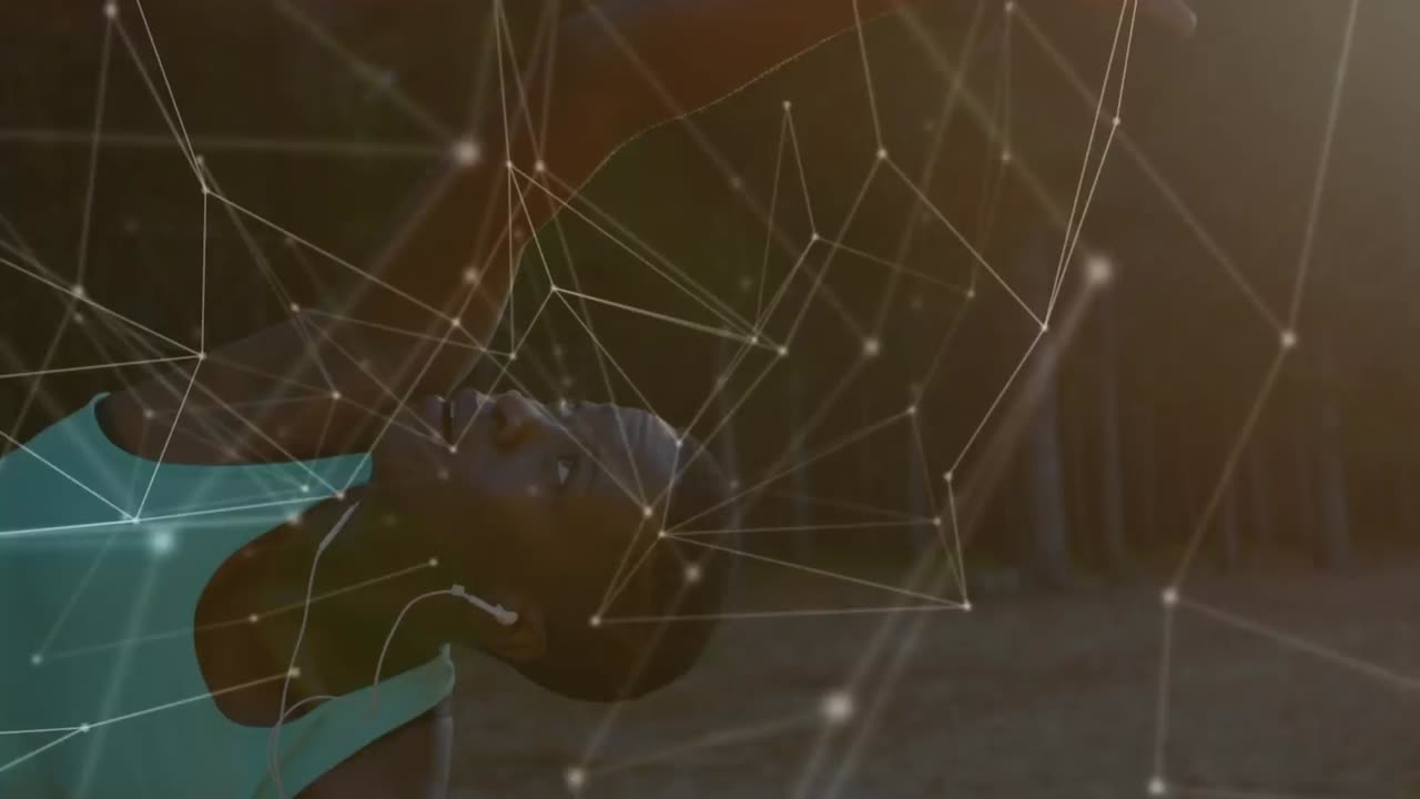 animación de la red de conexiones sobre el ejercicio de estiramiento de la mujer en el bosque