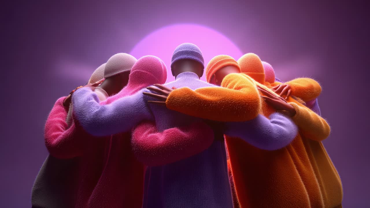 A Cozy Group Embrace at Dusk: Vibrant Figures in Colorful Attire Unite in a Heartwarming Circle, Surrounded by a Radiant Twilight Background, Symbolizing Connection and Togetherness