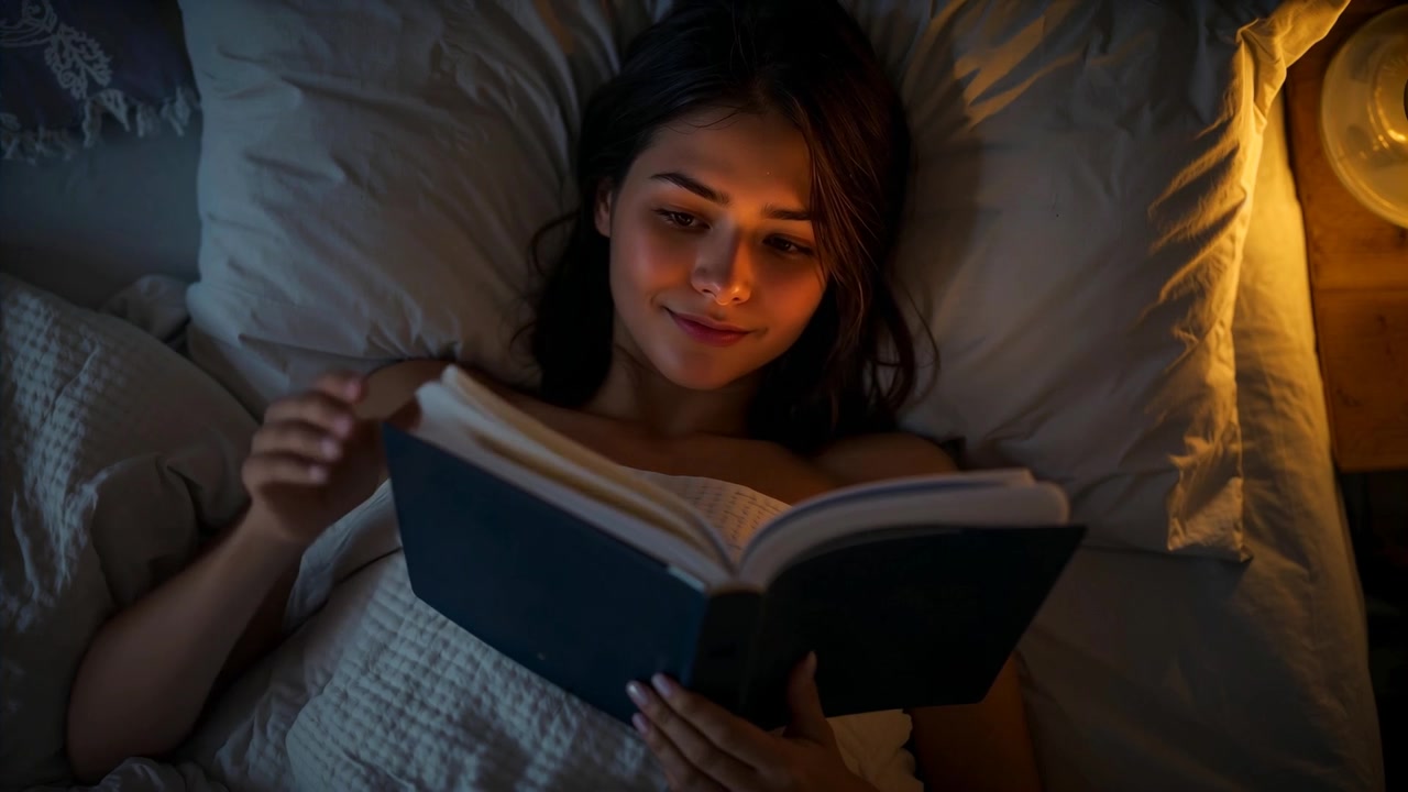 Reading woman lying under quilt in bedroom, sliding right hand, flipping hardcover book to read