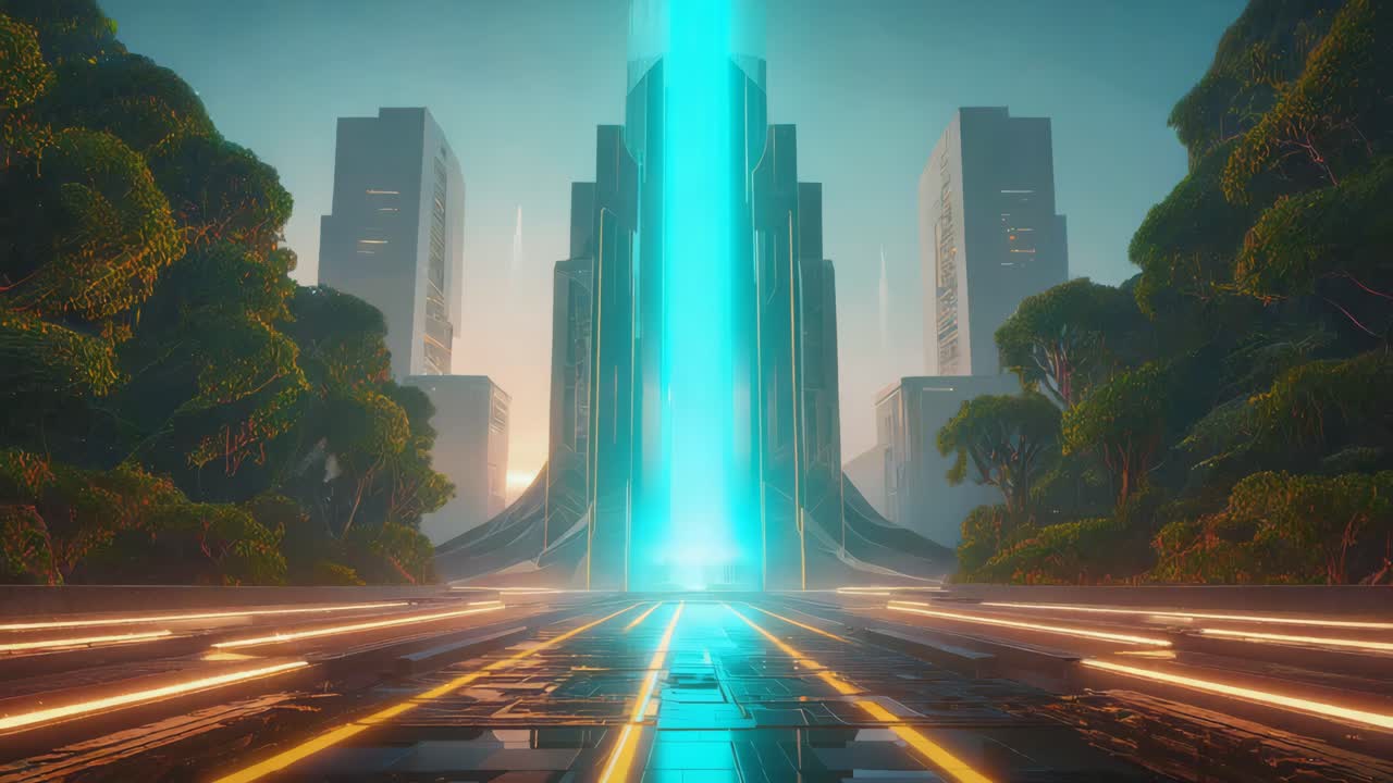 Futuristic Cityscape with Central Energy Spire and Glowing Pathway