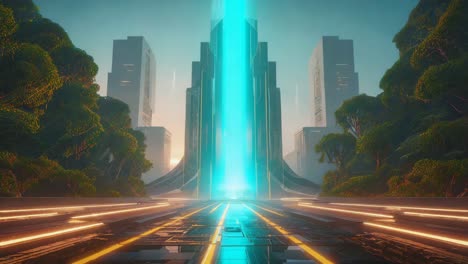 futuristic cityscape with central energy spire and glowing pathway