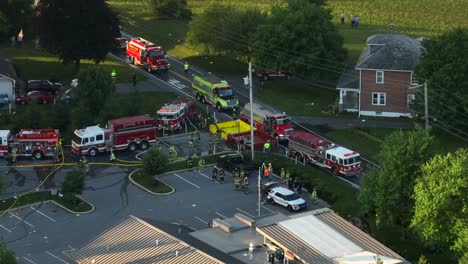 Aerial-view-of-Fire-trucks-and-firefighters-at-the-propane-gas-leak-explosion-site-in-USA