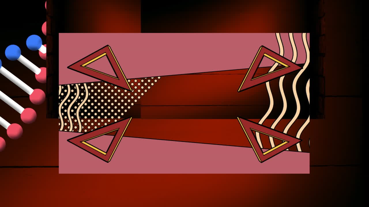 animación de la cadena de adn moviéndose sobre formas geométricas en fondo rojo y negro