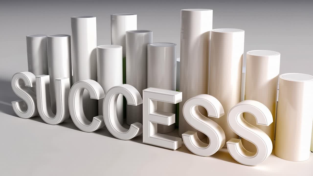 White letters spell "SUCCESS" beside ascending bars. Minimalist design conveys achievement and progress. Bright lighting emphasizes clarity and positivity. Ideal for business, finance