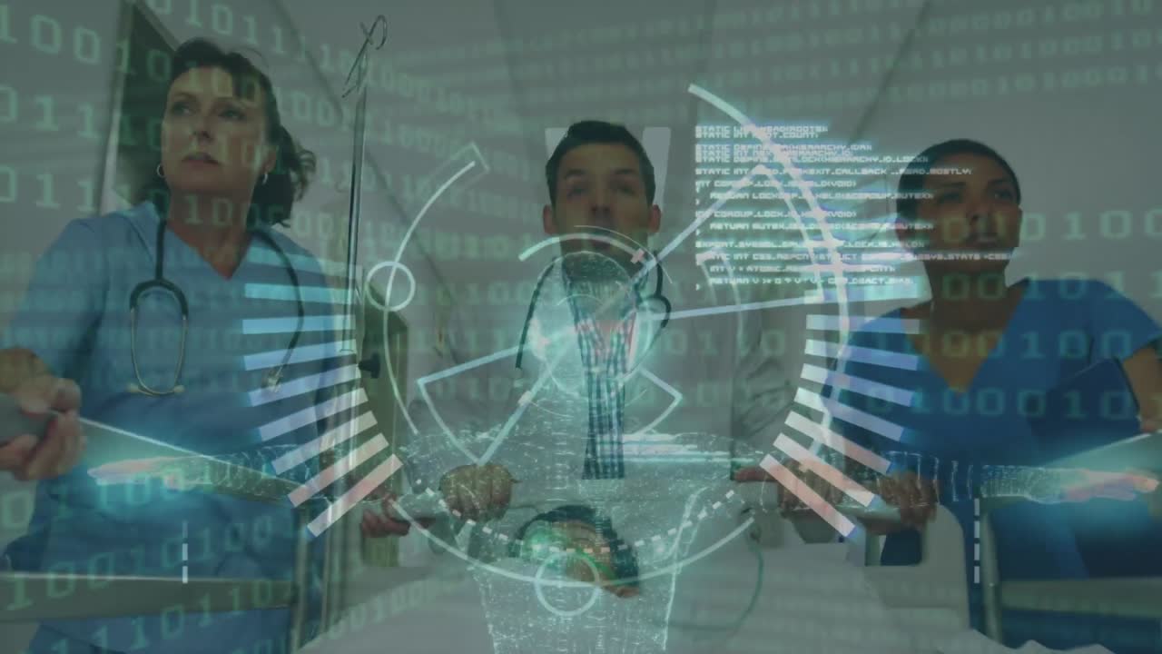 procesamiento de datos contra un equipo de trabajadores de la salud que llevan a un paciente a la sala de operaciones en el hospital