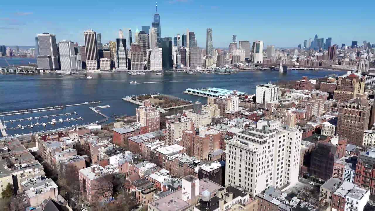 Horizontal drone orbit shot over Remsen Street in Brooklyn, showcasing the city's vibrant streets, historic buildings, and dynamic urban landscape with smooth circular motion.