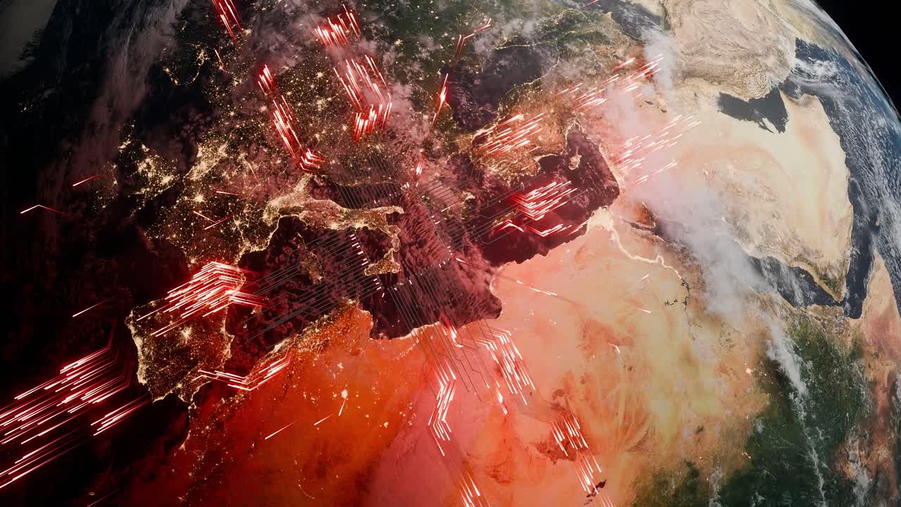 Planet Earth with visible Southern Europe, North Africa and the Middle East at night and glowing red digital circuit arrows in outer space. 3D render symbolizing global data transmission, digital