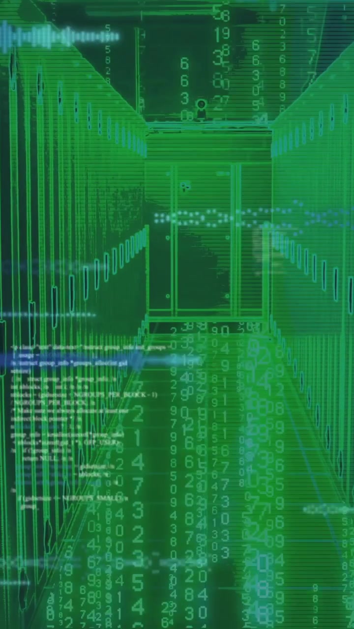 Digital data streams and binary code animation over futuristic green corridor