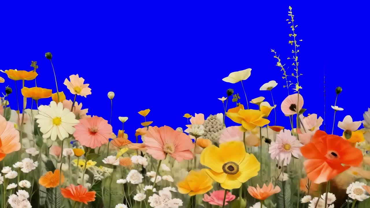 Vibrant floral garden scene animation, transparent 4K video, green screen