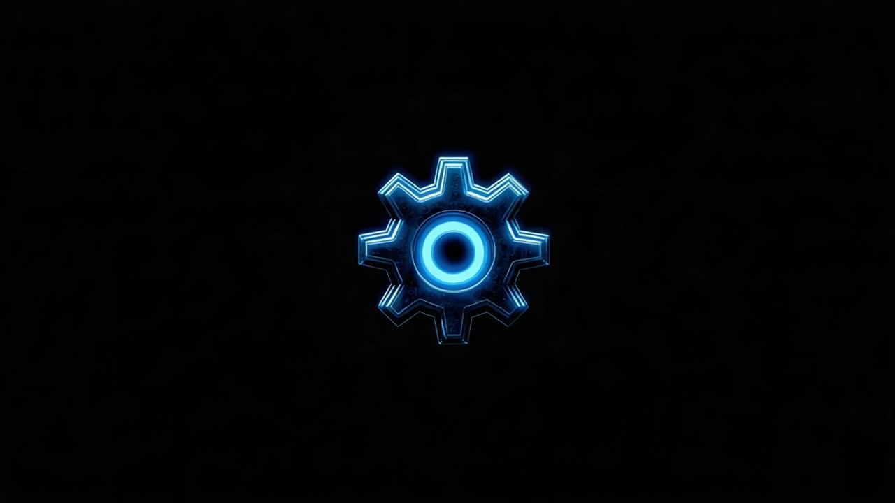 A Glowing Blue Gear Icon on a Black Background, Representing Technology, Mechanisms, and Digital Interfaces in a Modern Design Aesthetic