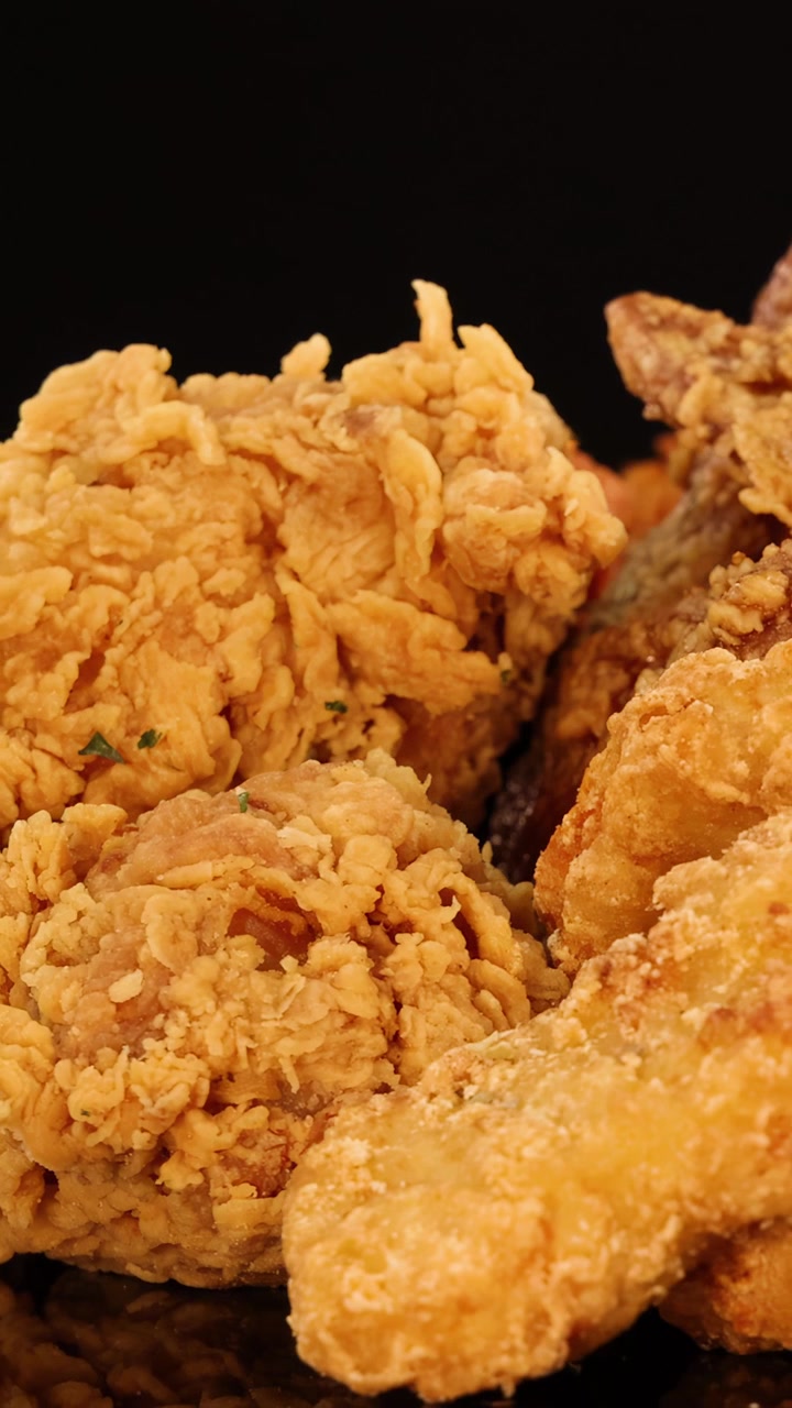 Alitas de pollo fritas doradas, muslitos y nuggets giran sobre una superficie reflectante bajo iluminación de estudio, destacando su textura crujiente y detalles apetitosos.
