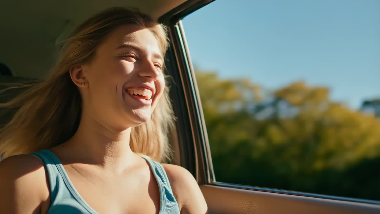 Joyful Young Woman Laughing in Car on a Sunny Road Trip