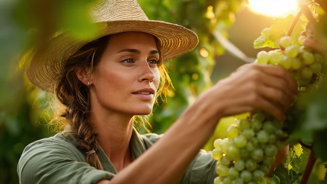 A Passionate Vineyard Worker Harvesting Fresh Grapes During Sunset, Capturing the Essence of Nature and the Joy of Agriculture in a Rustic Setting