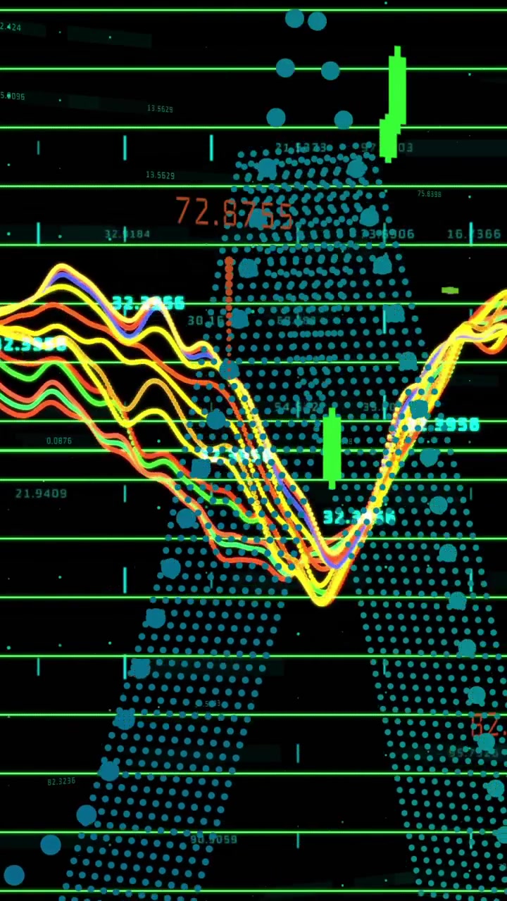 Animation of colorful financial data lines and graphs on dark digital grid