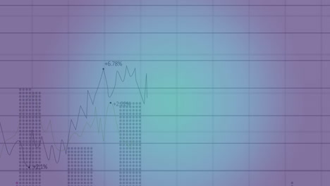 animación del procesamiento de datos estadísticos a través de la red de cuadrícula contra un fondo de gradiente púrpura