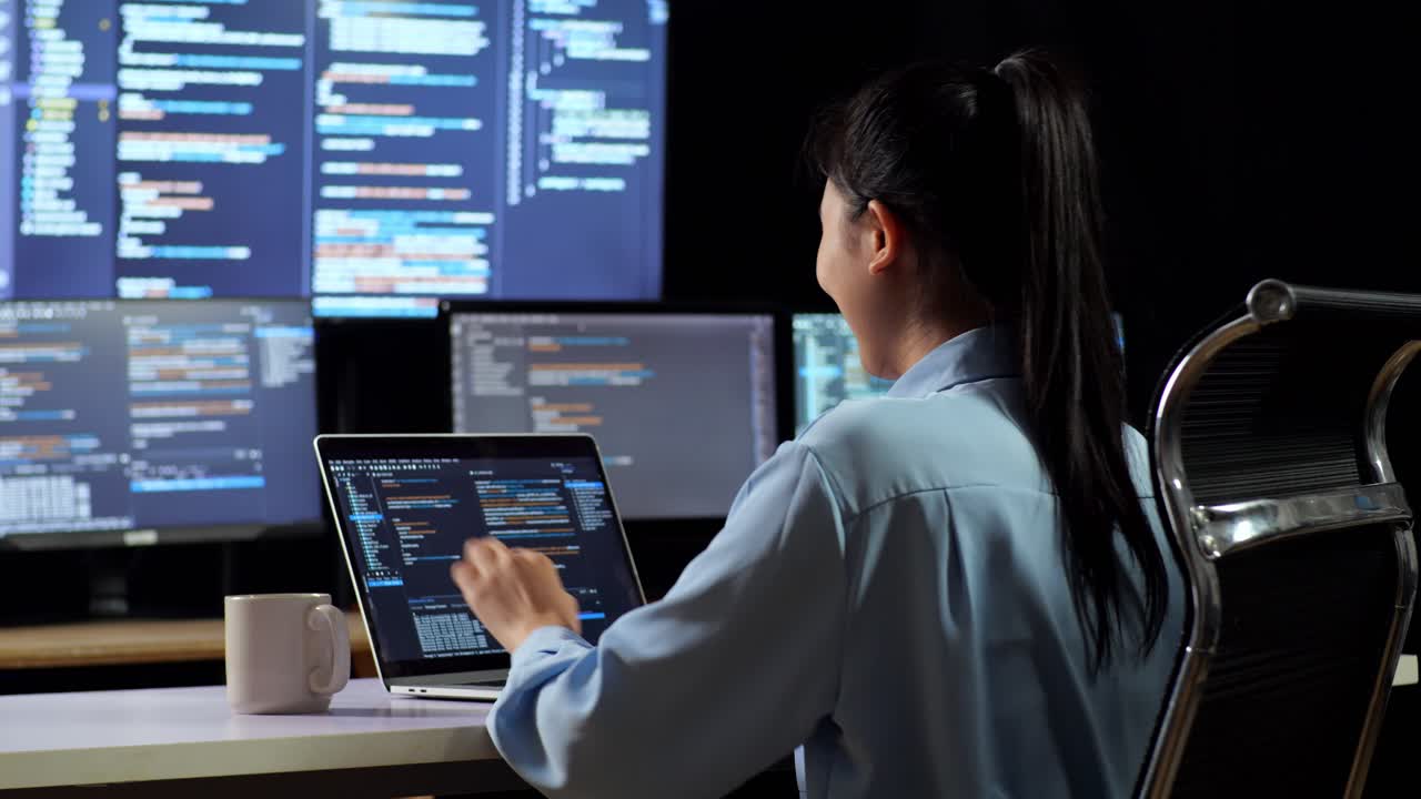 vista trasera de una programadora asiática bebiendo café mientras escribe código en una computadora portátil usando múltiples monitores que muestran la base de datos en los escritorios de ventana de terminal en la oficina