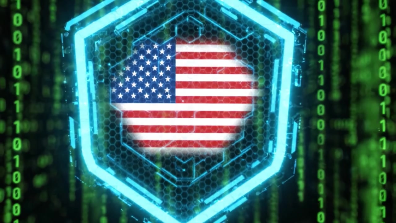 Digital Defense: A Cybersecurity Framework Featuring the American Flag Amidst Enigmatic Binary Code Visuals Representing Data Protection Strategies