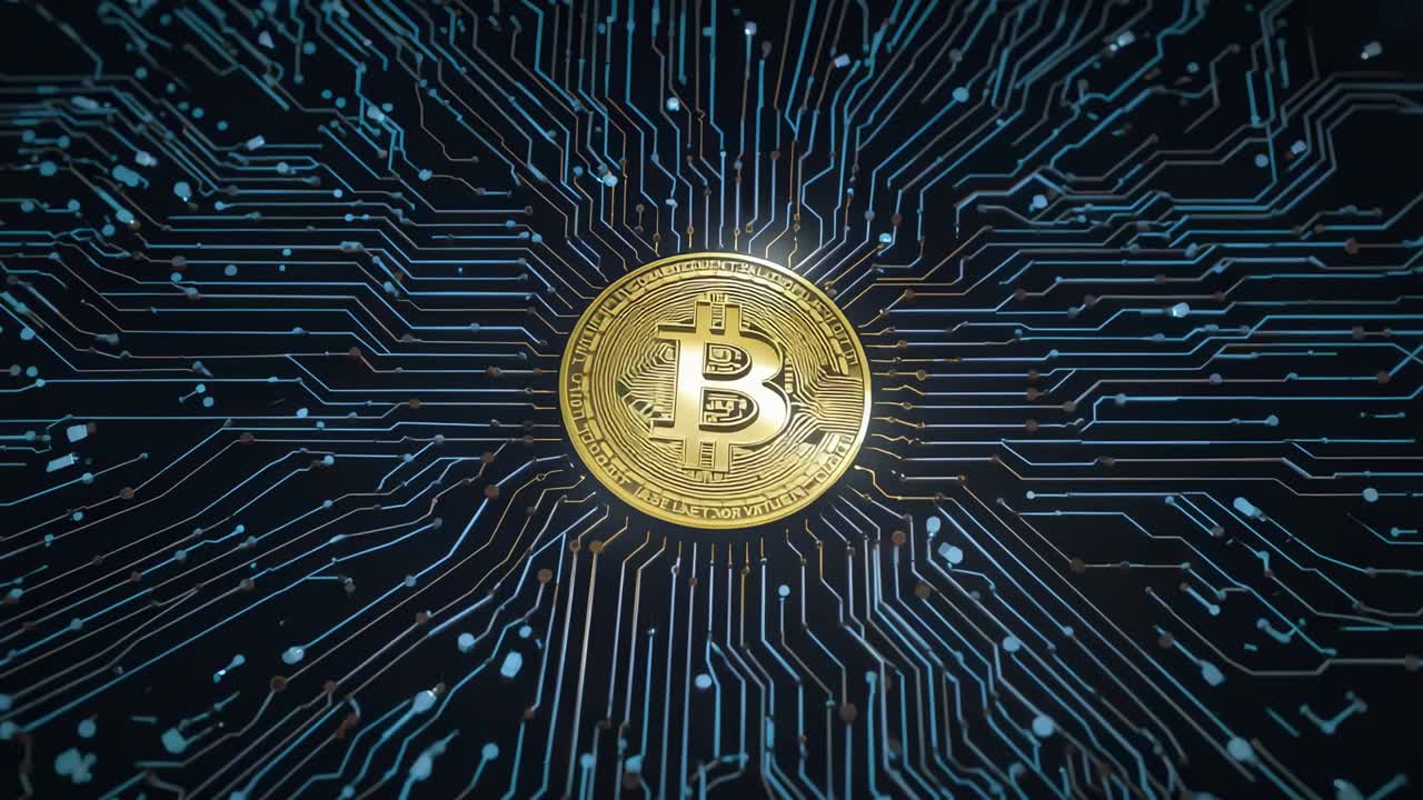 At start, blue circuit traces radiating from gold bitcoin coin in digital plane, pulsing data flow