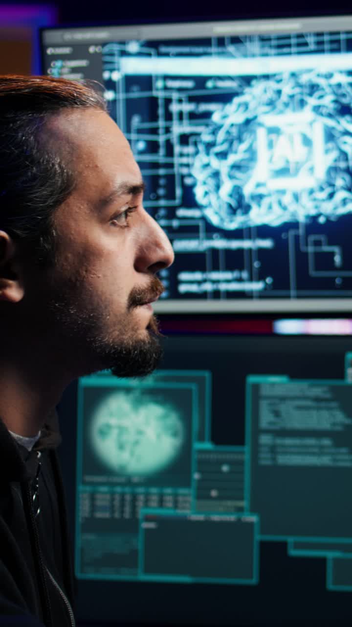 Vertical video Hacker using AI machine learning on computer to produce malware corrupting data