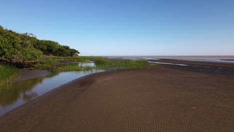 Low-forward-aerial-of-sand-banks-and-reeds-by-bank-of-Rio-de-la-Plata