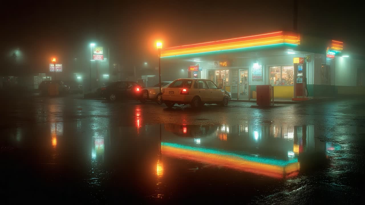 A Vibrant Convenience Store Illuminated by Neon Lights in a Mysterious Fog During Nighttime, with Rain-Puddled Reflections Enhancing the Atmosphere