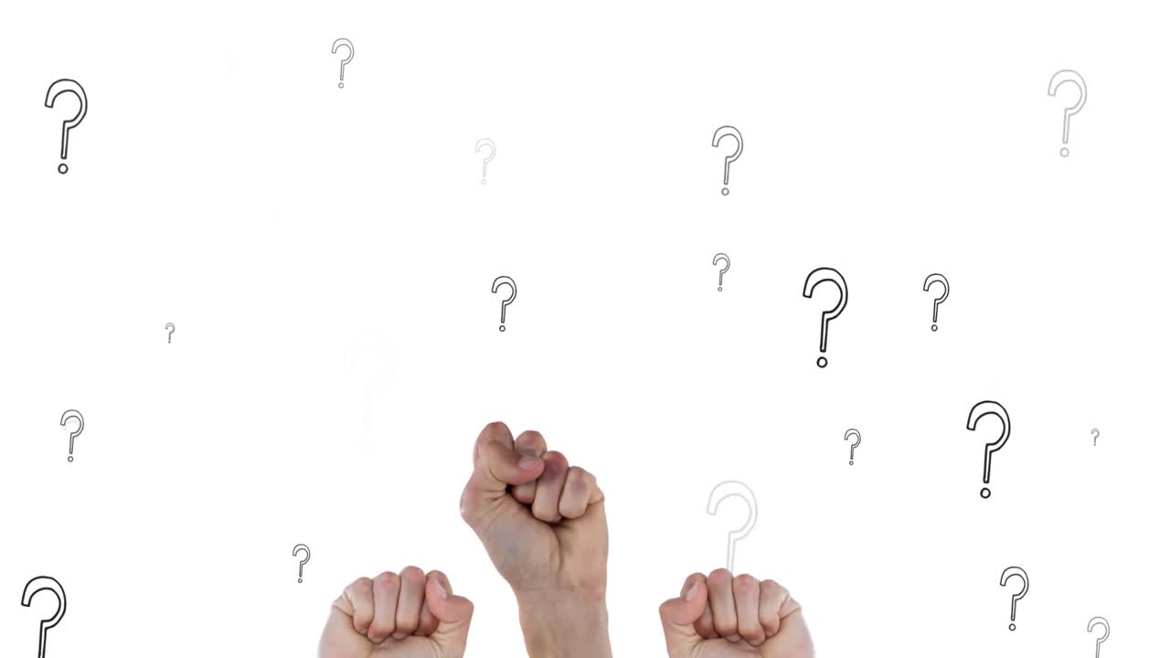 ⁇ 색 배경에 주먹을 들어 올리는 질문표의 애니메이션