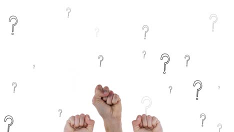 Animation-of-question-marks-over-raising-fists-on-white-background