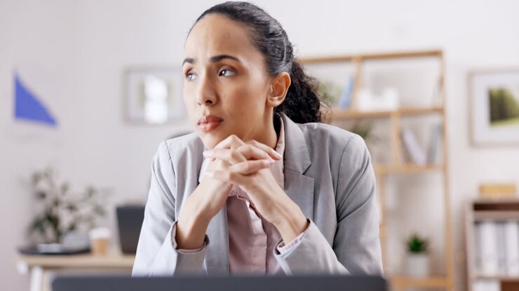 Stress, migraine or business woman with headache