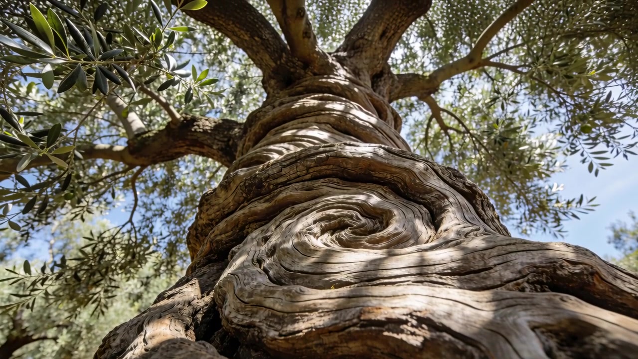 Telecamera che si allontana rivelando un tronco d'albero nodoso nel boschetto, mostrando un'escrescenza a spirale e una chioma illuminata dal sole.