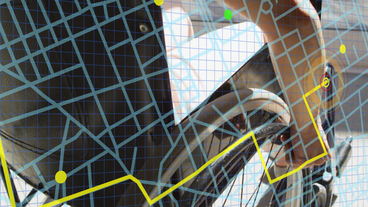 animación de un mapa sobre un hombre caucásico discapacitado sentado en silla de ruedas