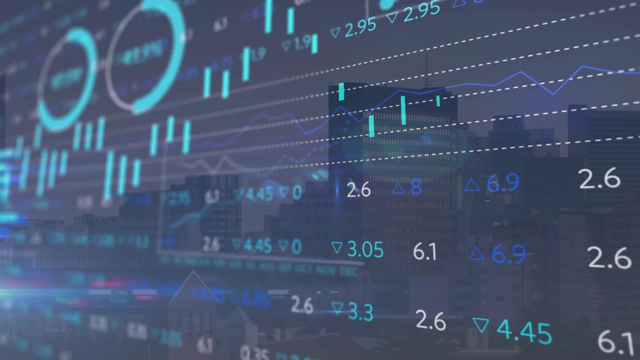 Sovrapposizione di un grafico finanziario traslucido che visualizza dati su uno skyline cittadino, mostrando barre e indicatori.