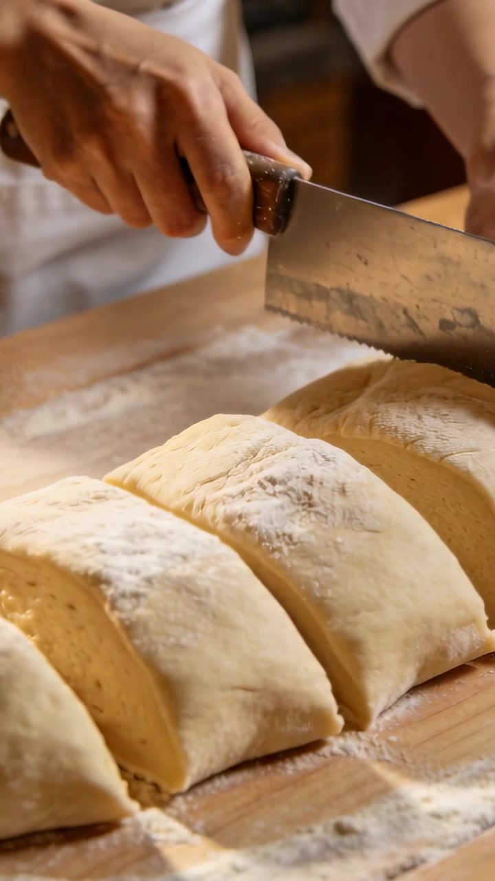 Vertical video: Hands dropping scraper onto dough log, cutting on floured board in apron for baking