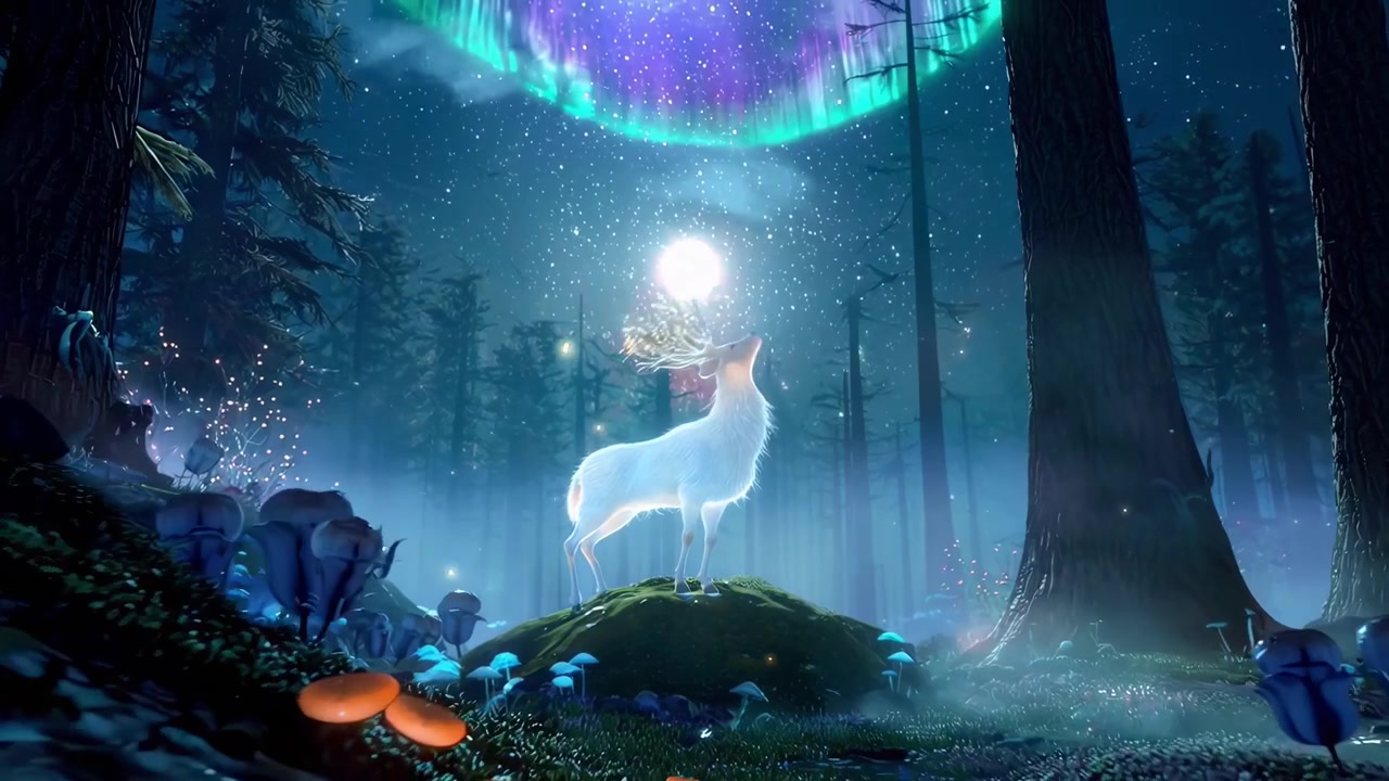 Cervo bianco magico in una foresta incantata con flora luminosa e aurora