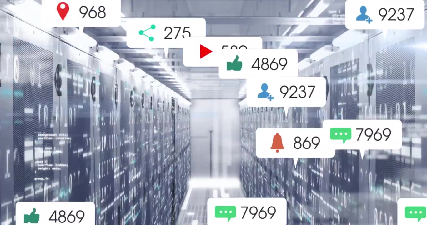 Animation of social media icons and numbers and data processing over computer servers