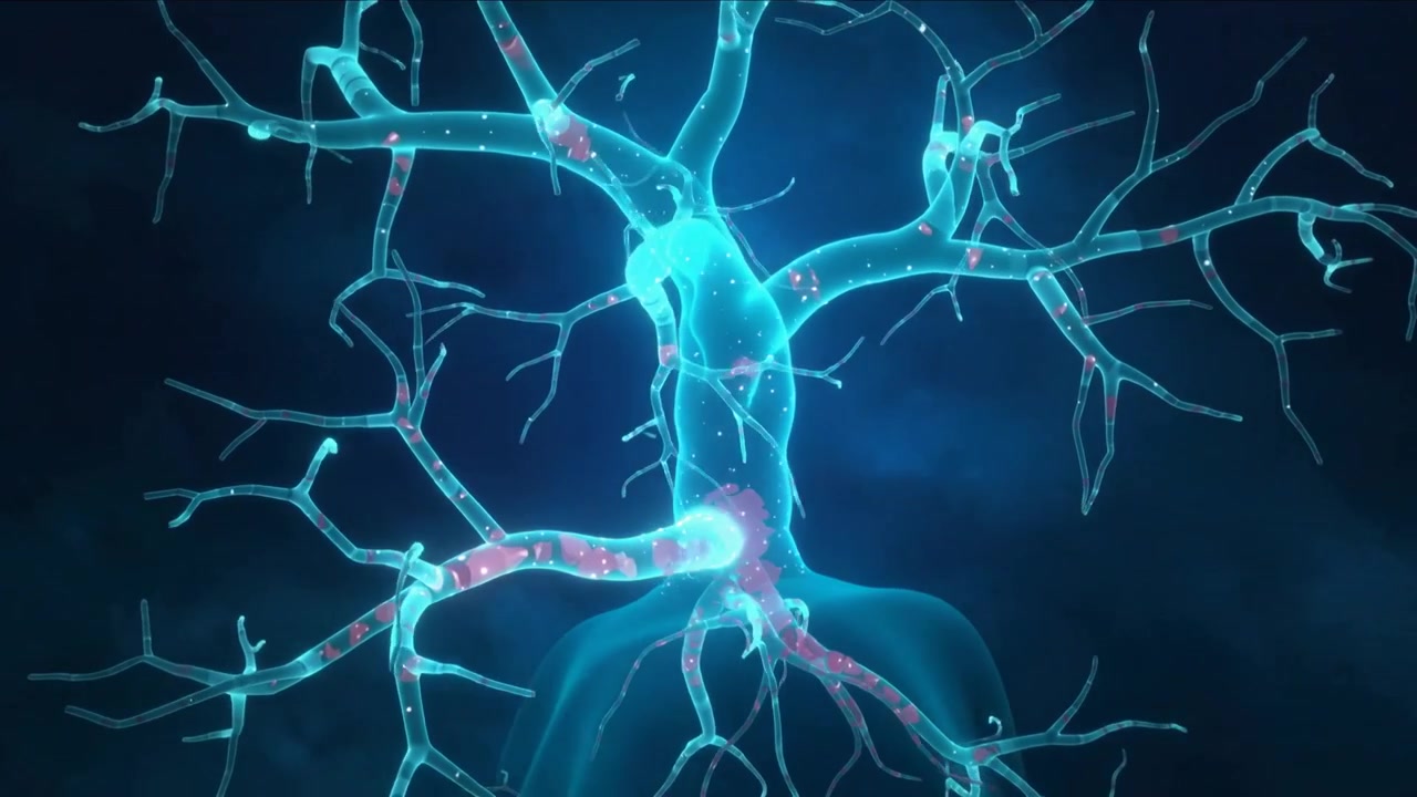 Pulse appearing on branch moving into central node via blue trunk in void, carrying pink particles