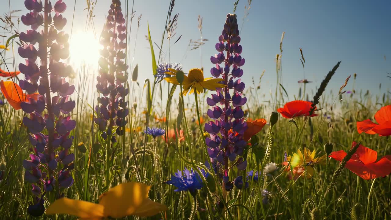 Video dal basso di vivaci fiori selvatici in un prato illuminato dal sole, catturando una bellezza serena e naturale.