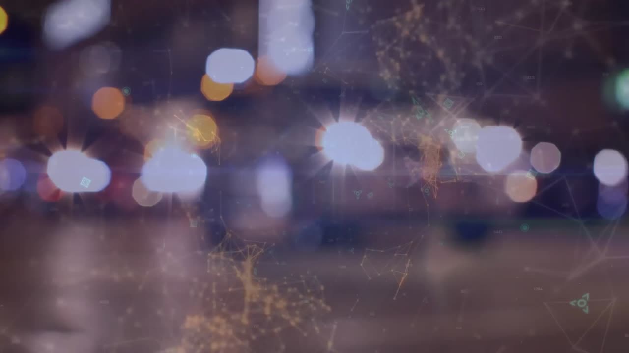 animación de una red de iconos de perfil y puntos de luz contra personas que caminan por la calle
