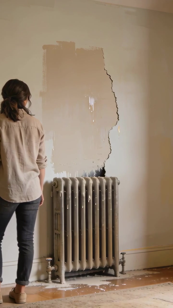 Vertikal video: Kvinde ser dryp, inspicerer farveprøve og puds ved radiator i beige, med plads til tekst.