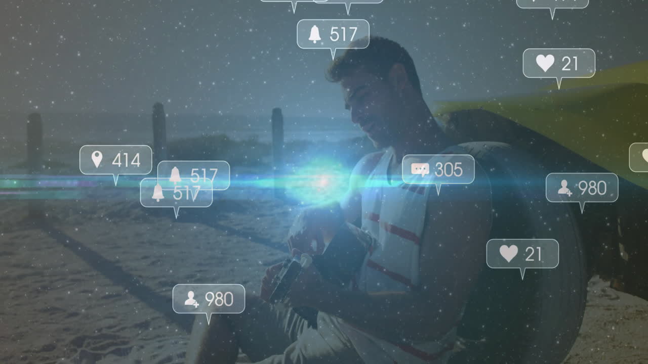 Man playing guitar on beach with social media notifications overlay animation