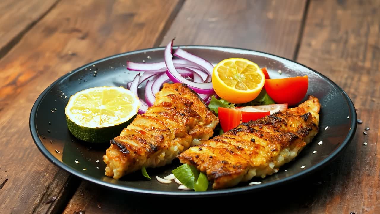 limón exprimido a mano sobre filete de pescado a la parrilla con verduras frescas en un plato negro. vitrina de cocina de mariscos adornada para mejorar el sabor