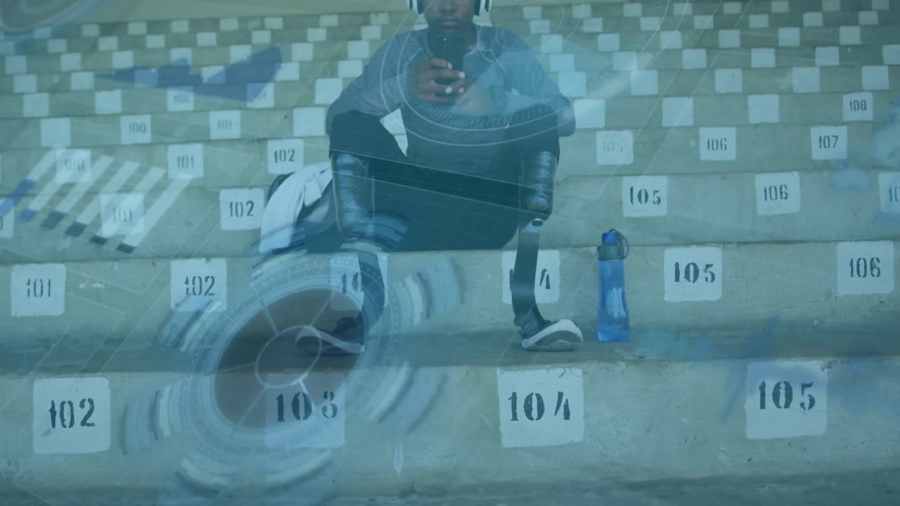 animación del procesamiento de datos digitales sobre atletas masculinos discapacitados en las gradas del estadio deportivo