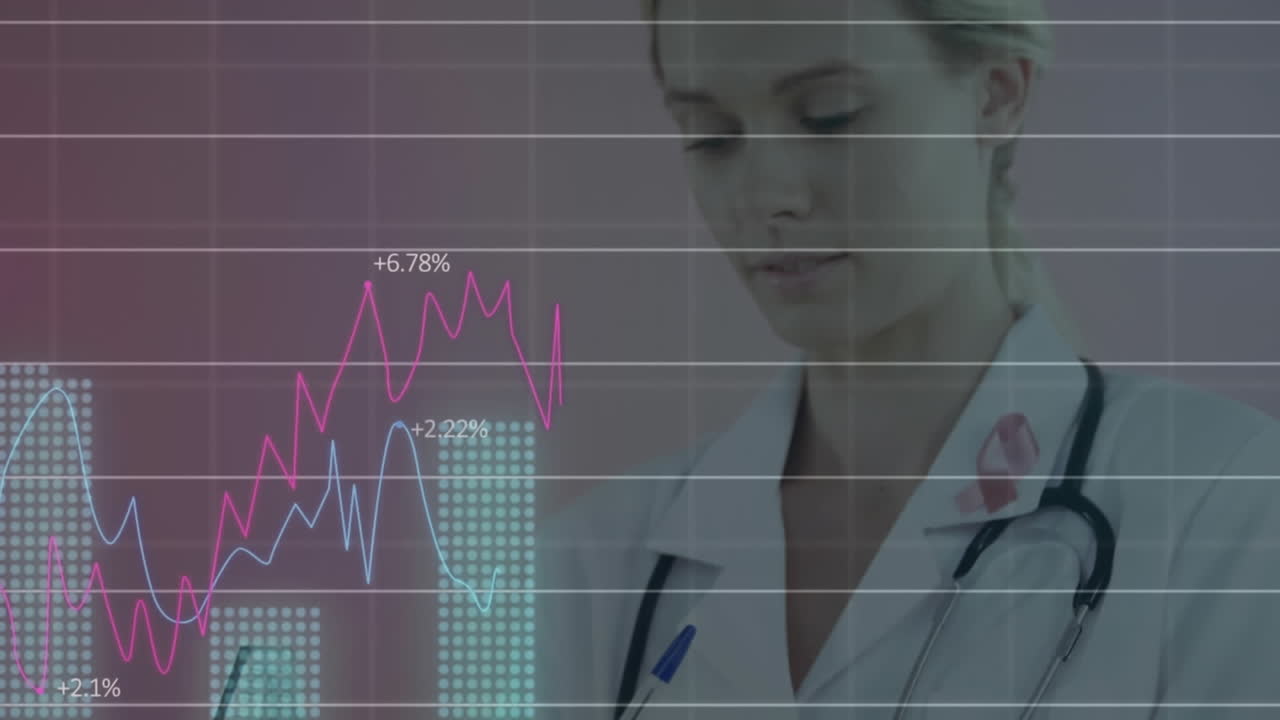 animación del procesamiento de datos financieros sobre una doctora caucásica