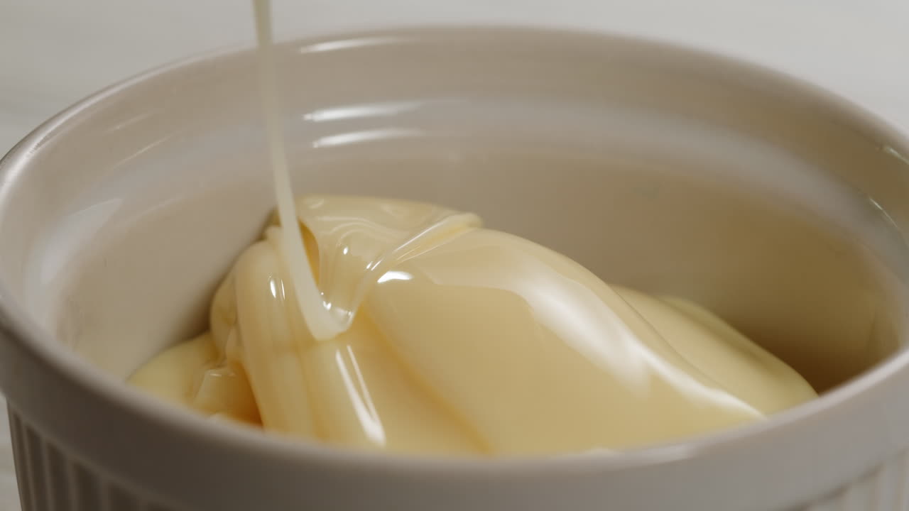Tasty condensed milk, spoon and waffles on light grey table, flat lay. Space for text. High quality 4k footage